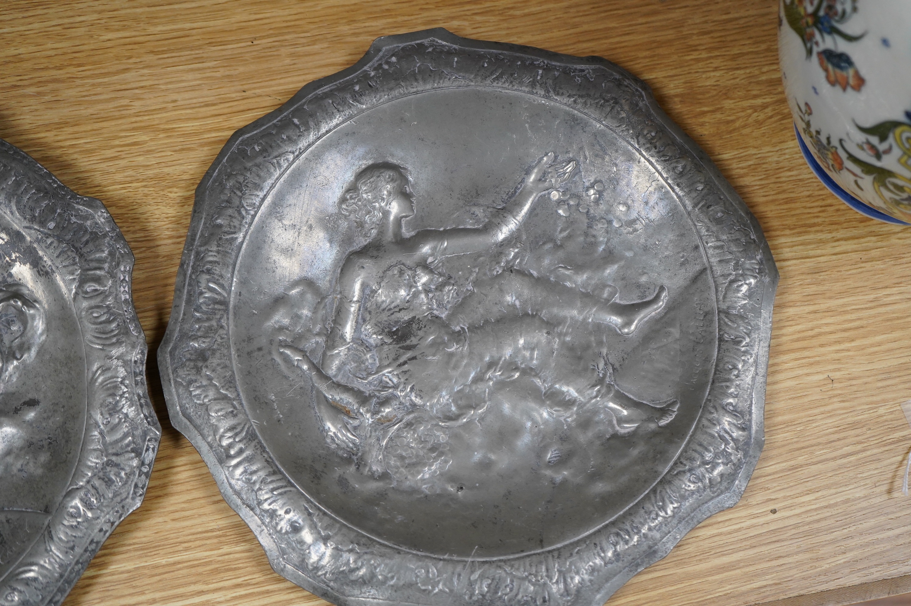 A pair of French pewter Art Nouveau plaques, signed Jacques Callot, 30cm. Condition - fair